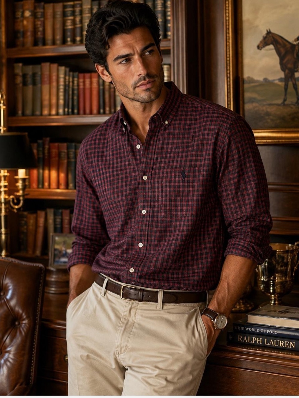 Ralph Lauren Men's Maroon and Black Plaid Button-Down Shirt